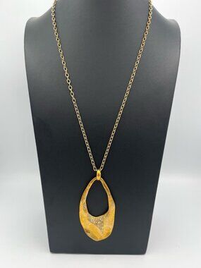 Alexis Bittar Signed Gold Hammered Statement Pendant Necklace 30” Chain - MINT
